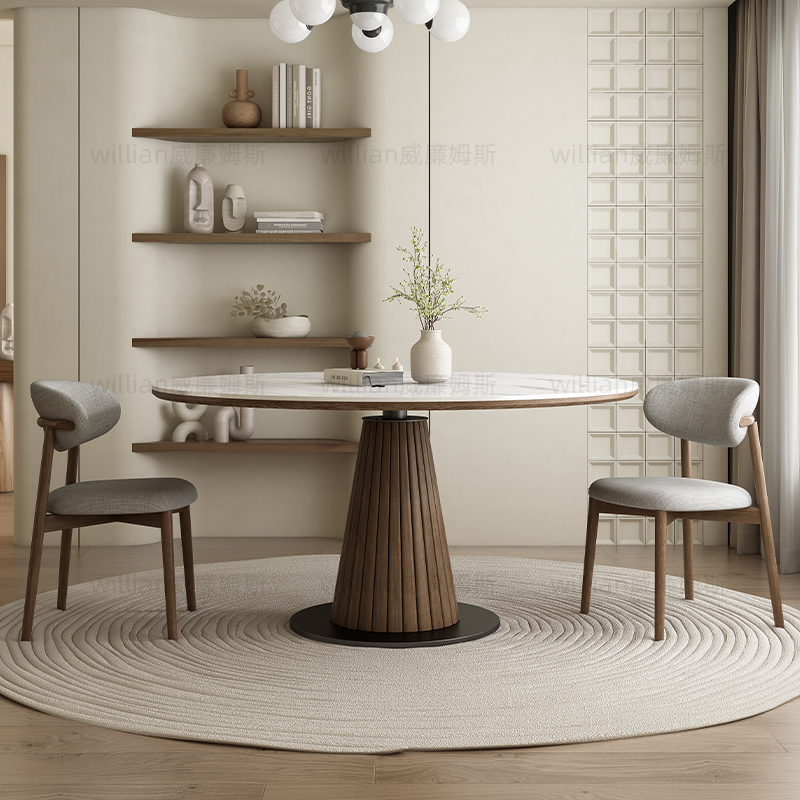 白蜡木岩板实木圆形餐桌带转盘家用大小户型现代简约洽谈桌餐桌椅