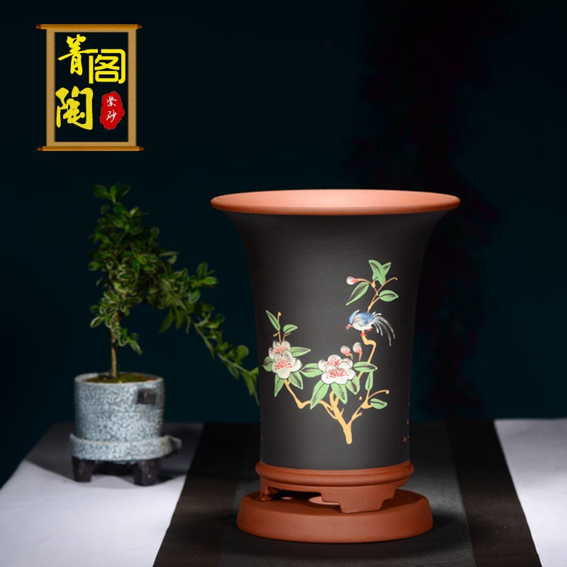 紫砂花盆兰花盆陶瓷透气紫砂花盆带托盘兰花君子兰兰草盆景盆