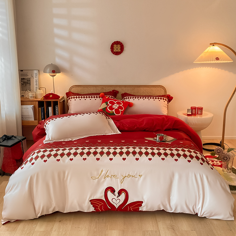公主风婚庆四件大红色被喜被陪嫁床单高档结婚床上用品新婚嫁
