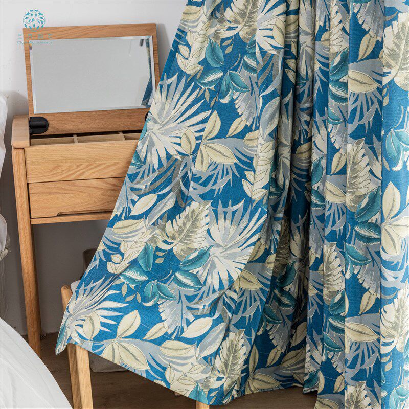 田园风蓝色热带雨林芭蕉叶窗帘半遮光卧室书房阳台客厅落地飘窗帘