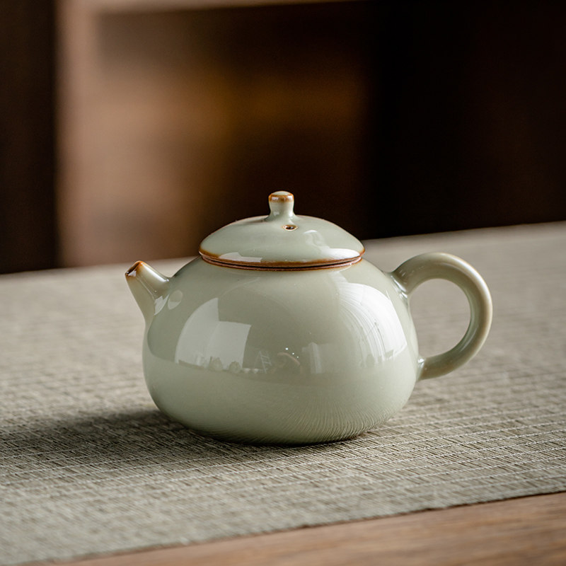 青玉汝窑西施壶复古陶瓷茶壶单壶茶壶泡茶家用小开片可养功夫茶具