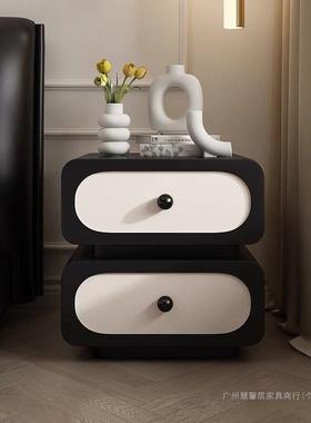 意极简轻奢实木床头柜简约储现法式奶油IRJ式风物柜黑色皮质床边