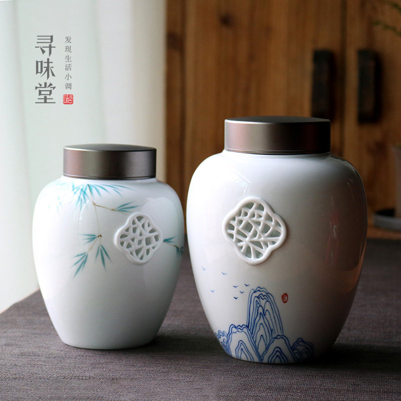 手绘白瓷窗花茶叶罐合金双盖陶瓷储茶罐密封罐大中小号茶仓茶具