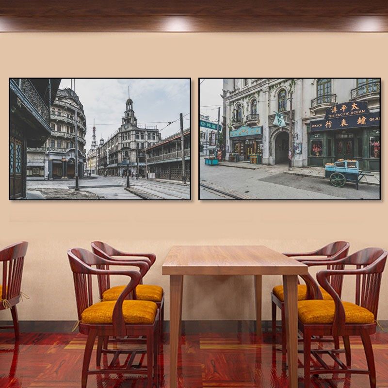 复古黑白街景建筑挂画民国风老上海餐厅包间客厅火锅店酒吧装饰画