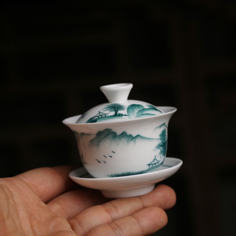 如合款 高温釉下彩纯手绘蓝彩山水陶瓷旅行茶具便携迷你小盖碗