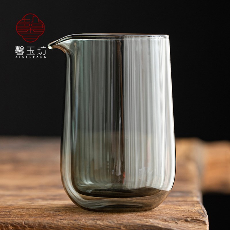 馨玉坊烟灰色双层玻璃公道杯耐高温防烫手大号分茶器茶具配件公杯