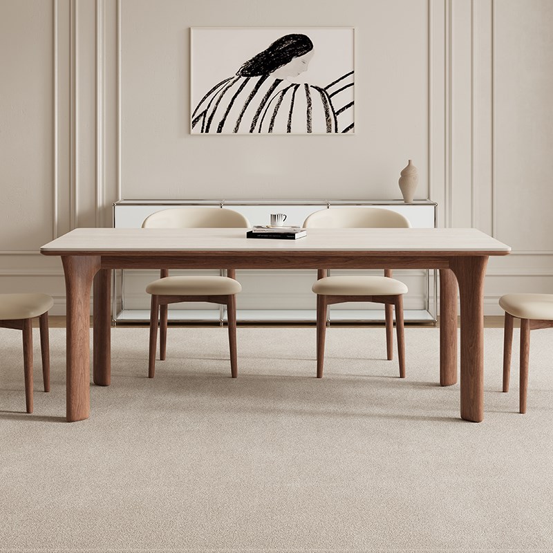 德利丰实木岩板餐桌家用法式中古风全托长方形小户型白蜡木饭桌子