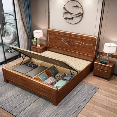 实1木床.8米1.米胡桃木双人NBV床中式济经型储物5高箱床箱框实木