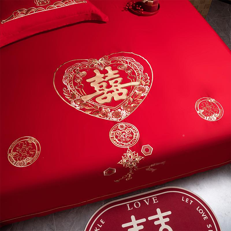 纯棉结大婚红色床单件刺绣被单枕纯套三20250428件套长绒棉喜单庆