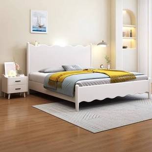 奶油风白色全实木床现代简约主卧床1.8米双人床1.5米床法式储物床