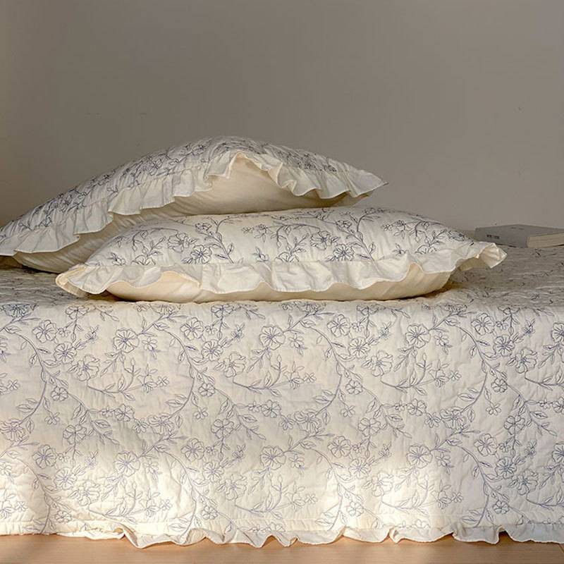 韩式古画感纯棉夹棉加厚床盖铺床用床单盖被双面用单件南通产地