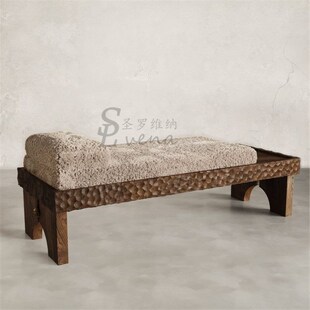中古实木沙发凳床尾凳创意设计客厅羊羔绒长凳覆古风换鞋 凳休闲凳