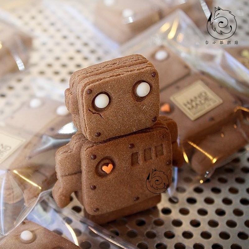 白小狐烘焙可爱机器人夹心饼干模具创意手工3D立体卡通按压式印模