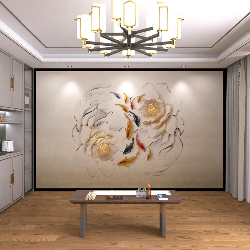 墙纸定制3d立体中式好运锦鲤电视背景墙壁纸客厅壁布装饰墙布壁画