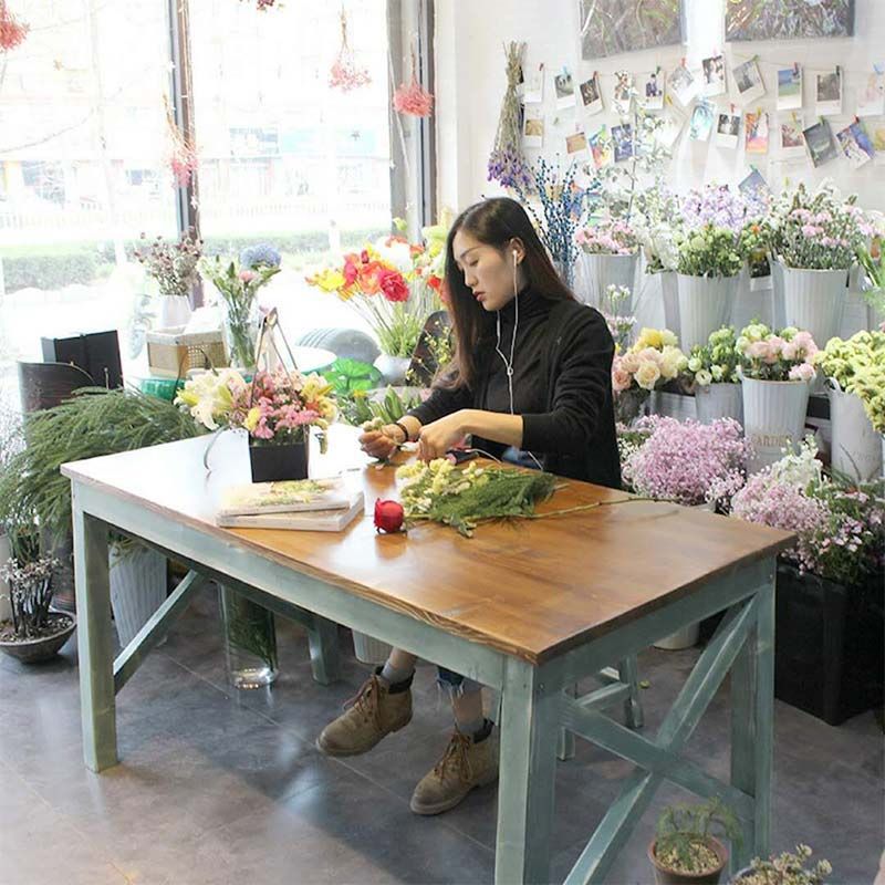 实木桌子快餐桌椅花店工作台包花桌阳台桌复古彩色桌椅