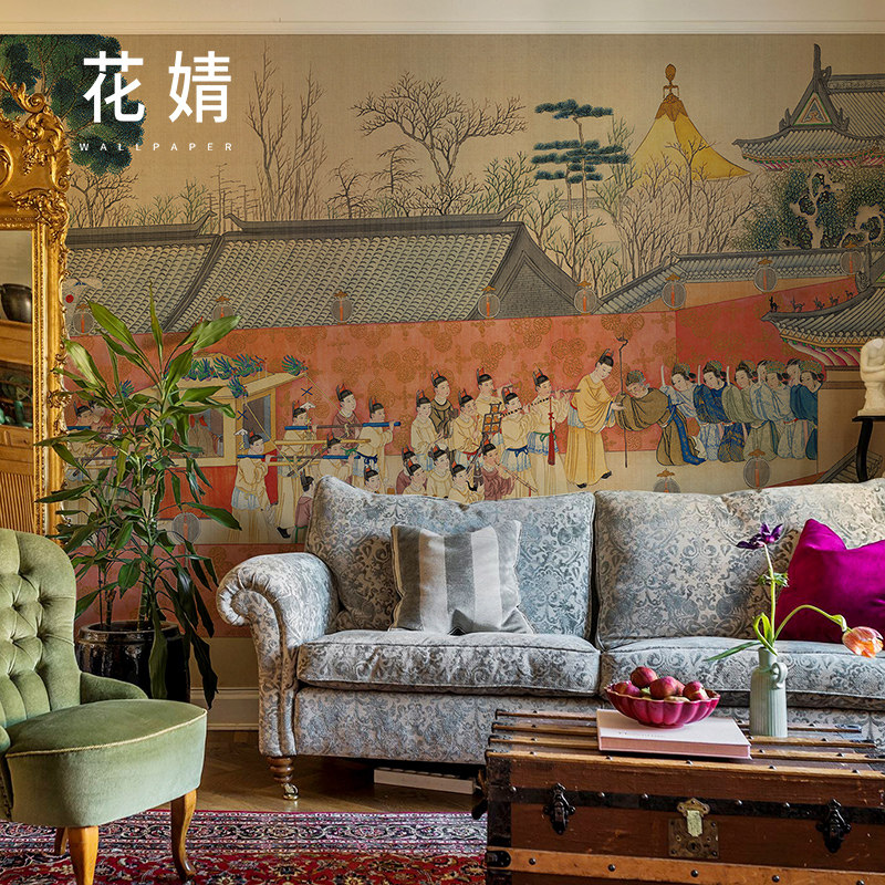 红楼梦中式墙布客厅电视背景墙壁纸餐厅屏风民宿无缝定制壁画