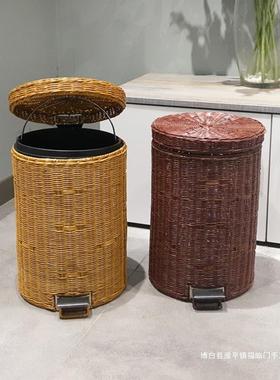 垃竹编圾桶垃圾AL100307桶家用脚纸踏带盖创意生客厅卧室厨房卫间