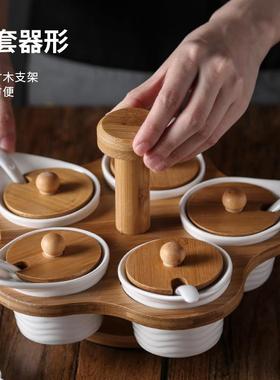 调手旋转陶调味罐套装1ZY61745五件套提带勺带盖五格料盒佐瓷料调