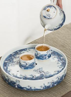 GHY-086陶瓷茶盘海茶具用家办公简约储浪水排水双用圆形茶台干托