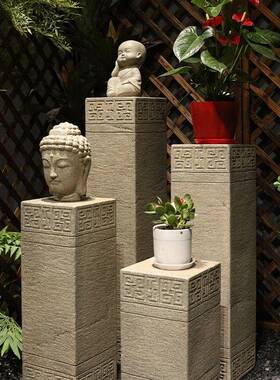 石新中式玄公关装饰摆件仿柱底座客厅办室复古展示10012198花园盆