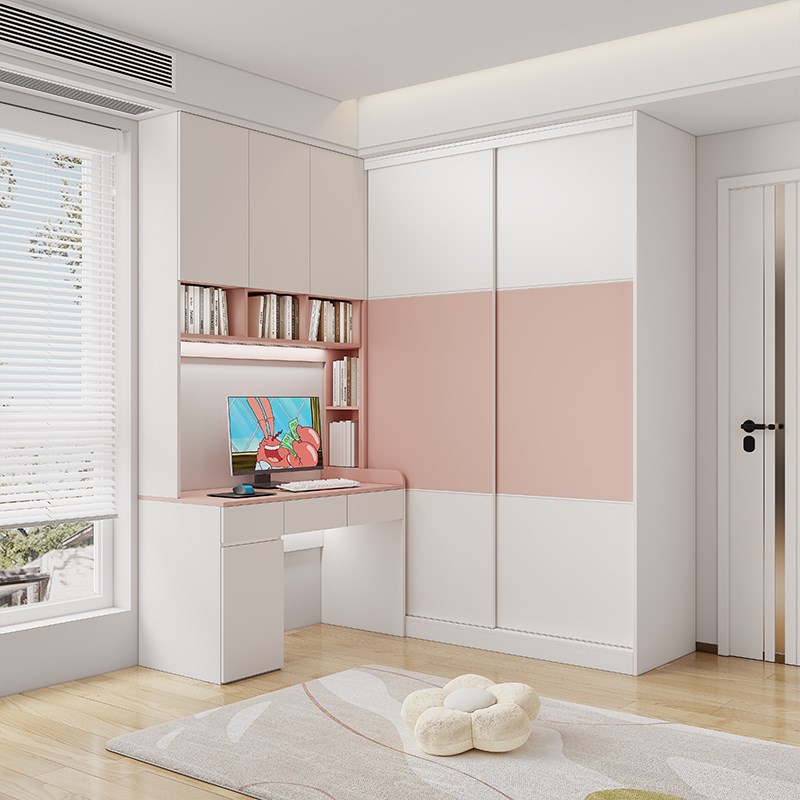 推拉门移门转角衣柜书桌一体儿童房书柜带电脑桌家用卧室衣橱