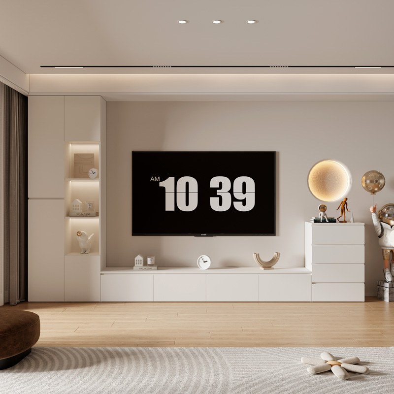 电视柜一体背景墙客厅满墙悬空奶油风定制落地现代简约书柜