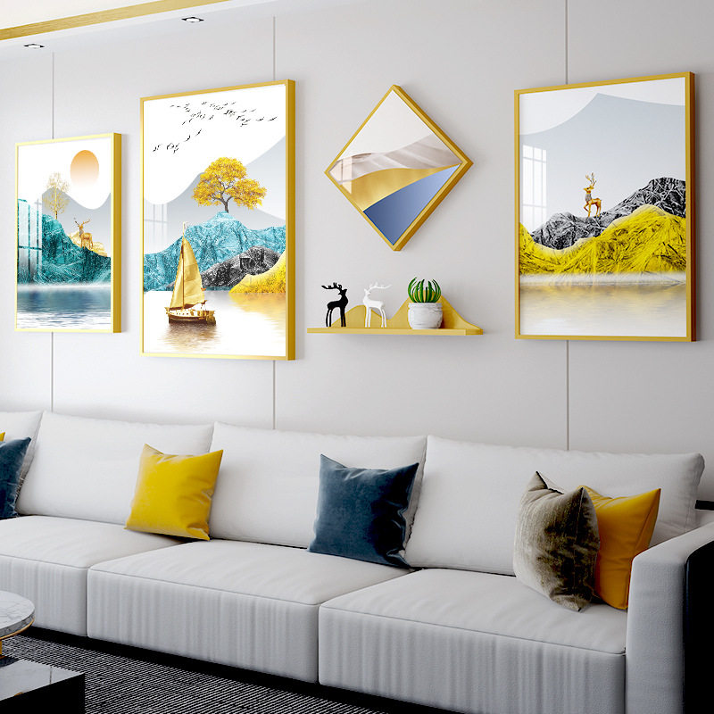 新中式长款客厅4框晶瓷山水画铝合金装饰画置物架组合金属画框