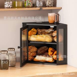 现货面水木制面包箱可调节隔板双层VMG厨房台转面包收纳盒角果存