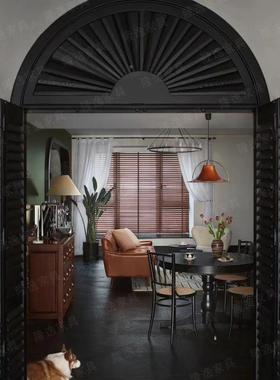 法式复古实木桌中古风ASI奢简约黑色轻小户美式圆桌家型餐用桌椅