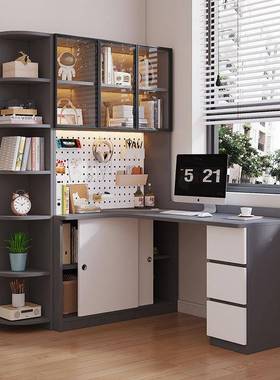 实木转角家书桌NNR书架一字体学生用学习写简约台桌式电脑桌书柜