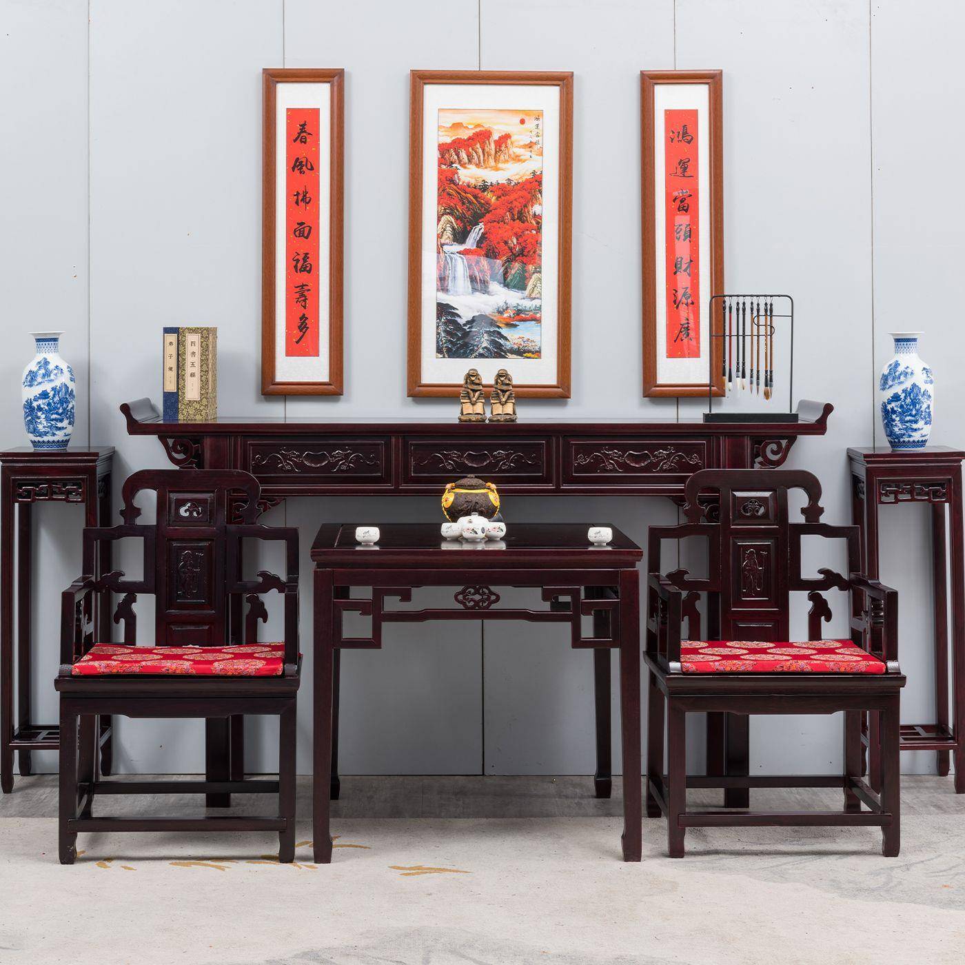 酸枝组木中堂六件套合农村八中仙桌873明清供桌新式条实木翘头佛