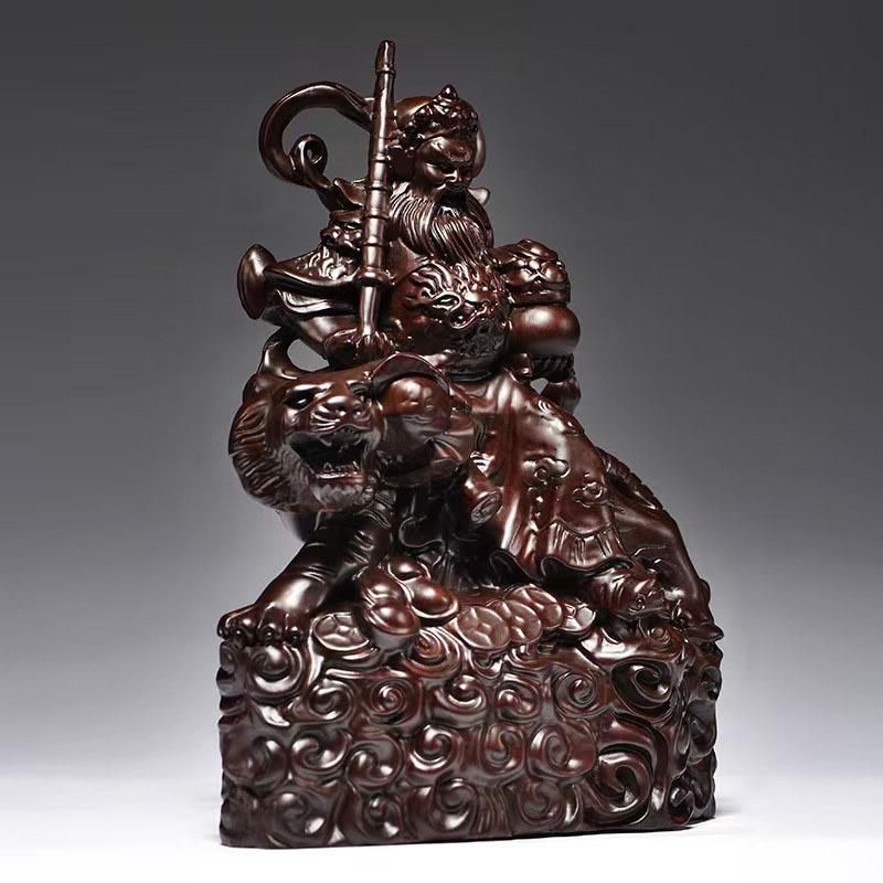 檀木黑司雕刻武财神骑虎公明神740像摆件家居供奉公装饰工艺品赵