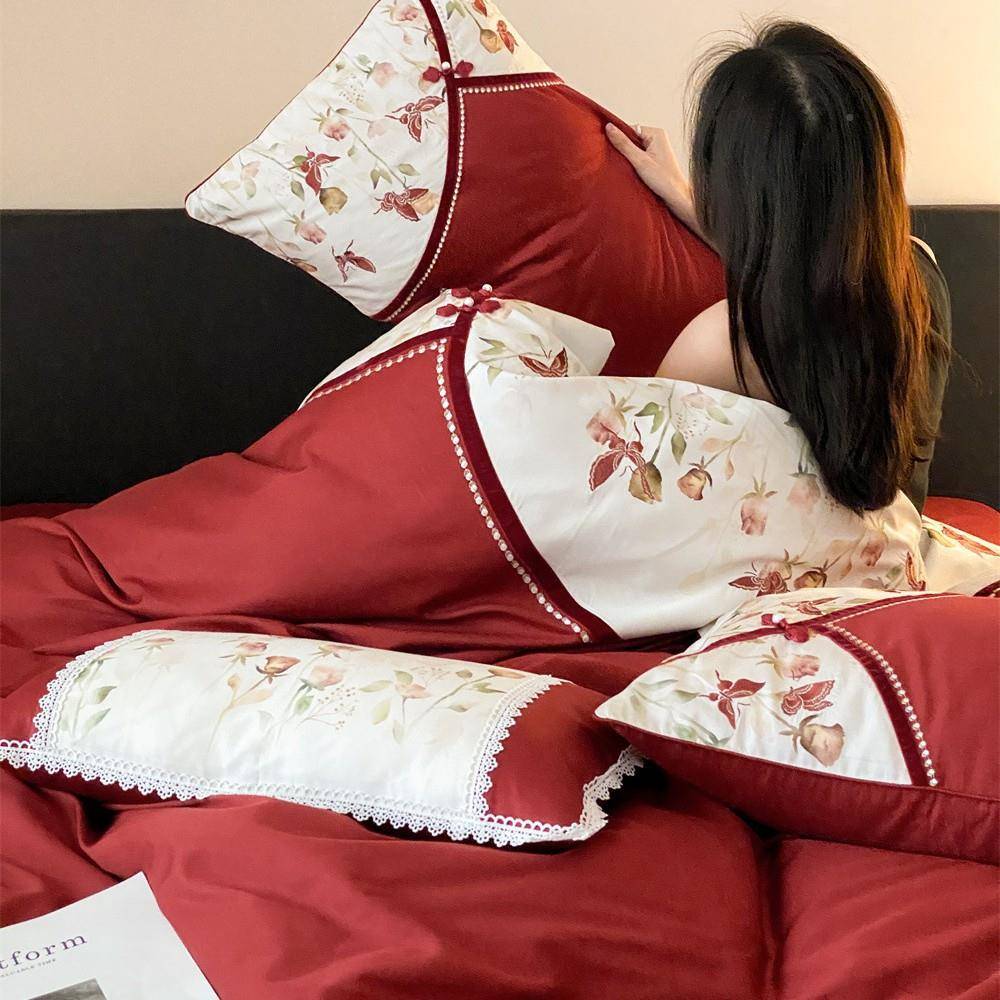 EFT中时婚庆长绒棉尚件套式四复古全棉被套结婚床品红色陪嫁婚房