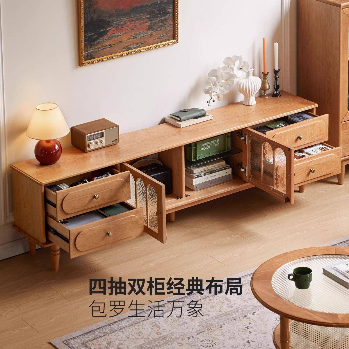 法式复古木电视柜茶几组厅家用小户型收CGD纳储物柜子美合式实地