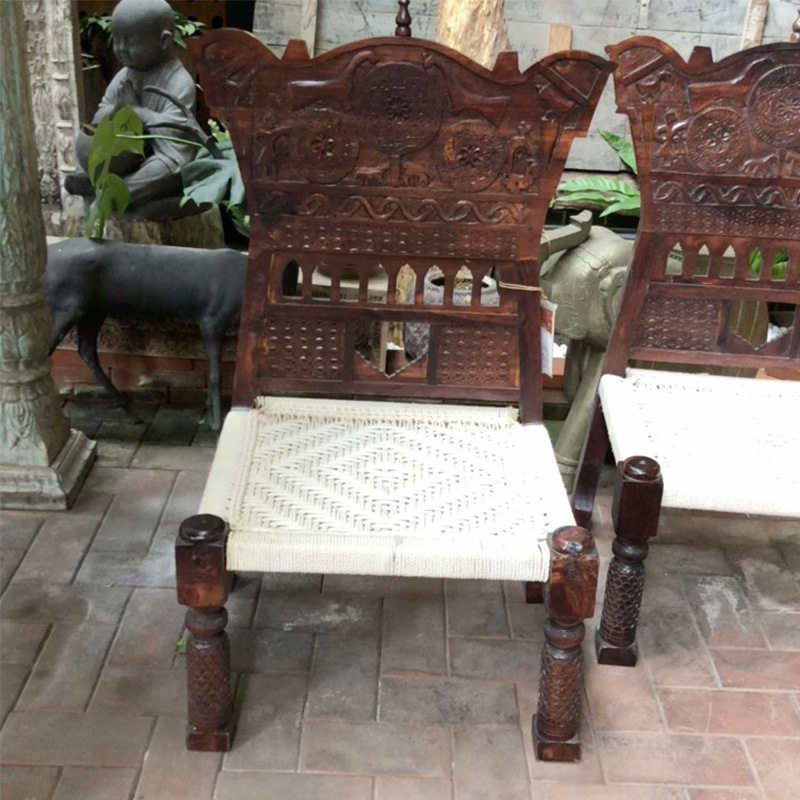 中古印度Pida椅高靠背实木雕花编织手工古董沙发椅子复古绳编椅子