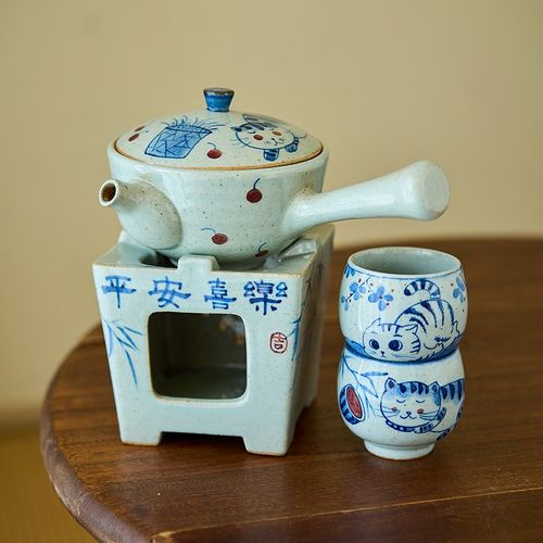 围炉煮茶手绘青花猫咪侧把壶蜡烛酒精陶瓷室内温茶炉套装加热底座