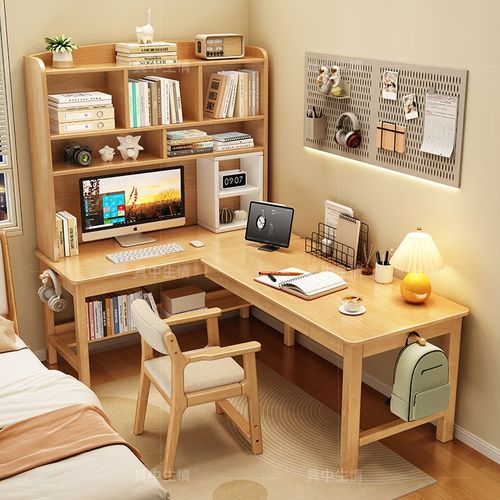 实木转角书桌书架一体桌书房办公桌靠墙拐角桌电脑桌家用学习桌子