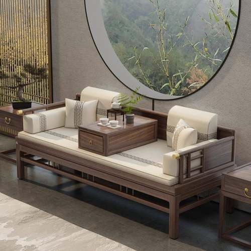 新中式实木拉老榆茶桌椅组合卧榻塌伸ELI汉缩木沙发椅推罗床客厅