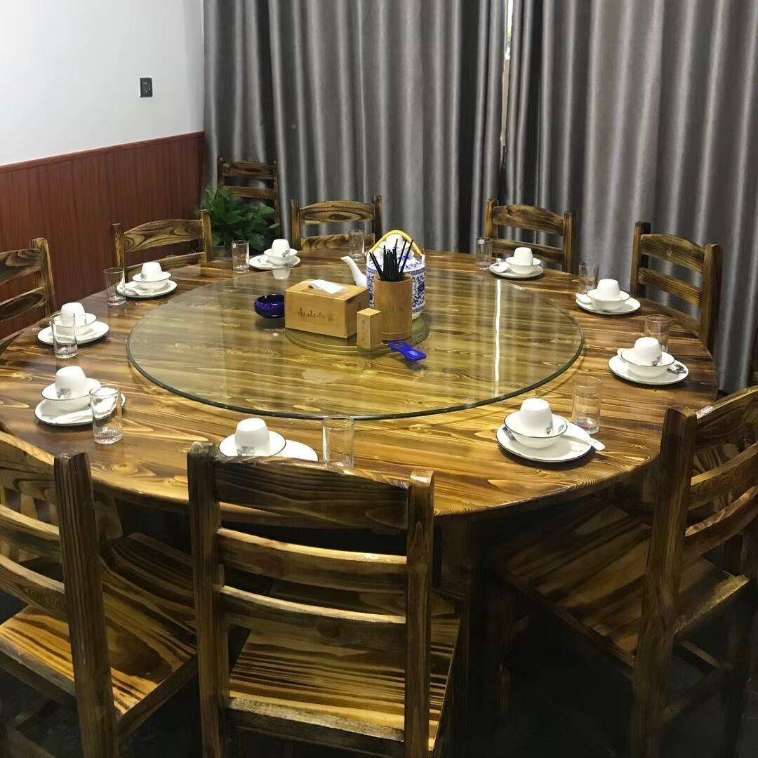 实木复古农庄烤鱼馆化饭店排档餐厅面VCJ农家乐大小圆碳桌椅转盘