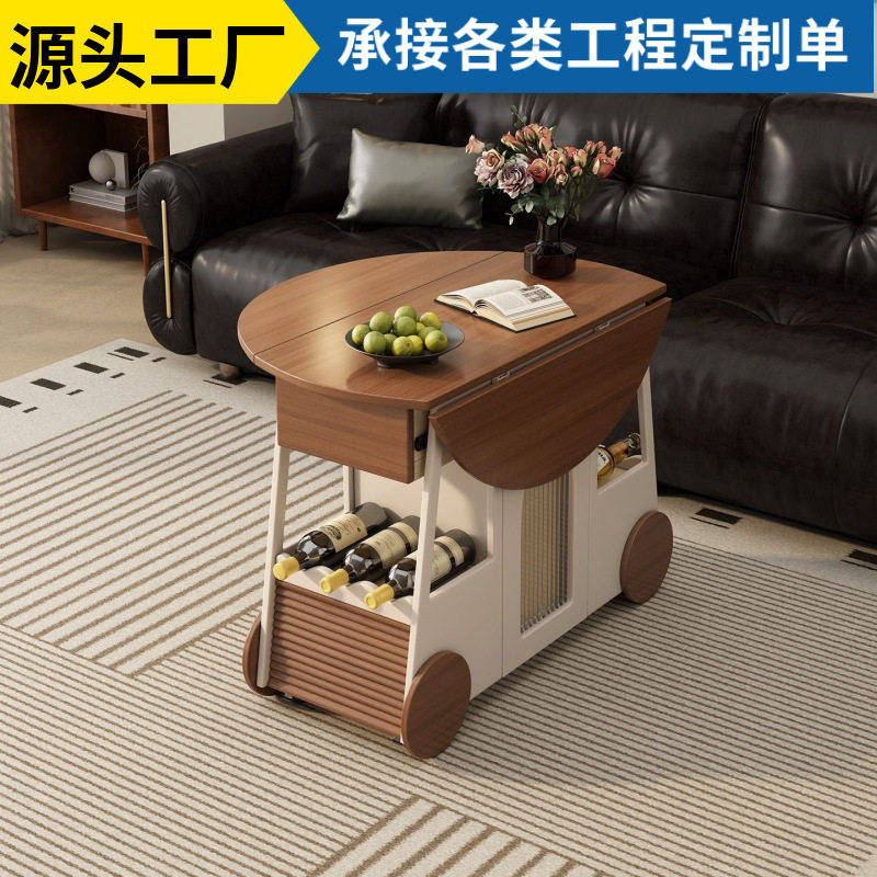 中古风客厅升降小推车茶几实木法式小户型茶桌多功能移动沙发折叠