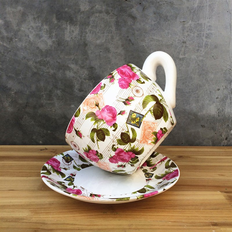 创意特大咖啡杯陶瓷花盆 带托盘欧式田园风个性绿萝花盆 陶瓷