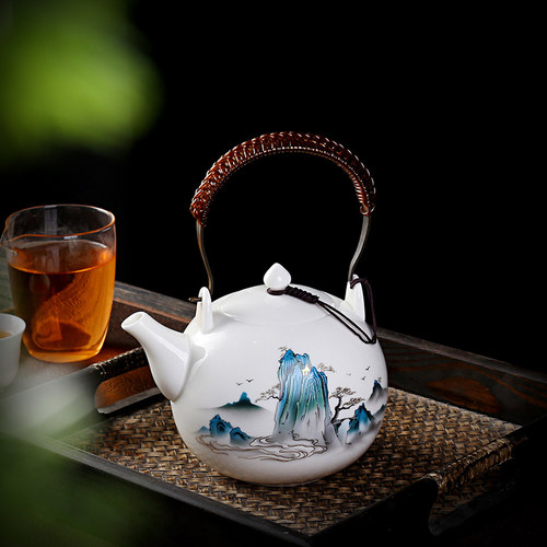 羊脂玉泡茶壶家用陶瓷茶水杯家用提梁餐厅饭店待客养生泡茶器套装