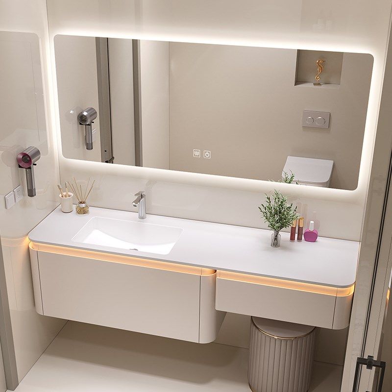 奶油风橡木浴室柜梳妆台组合岩板陶瓷一体盆扫地机器人洗漱台盆柜