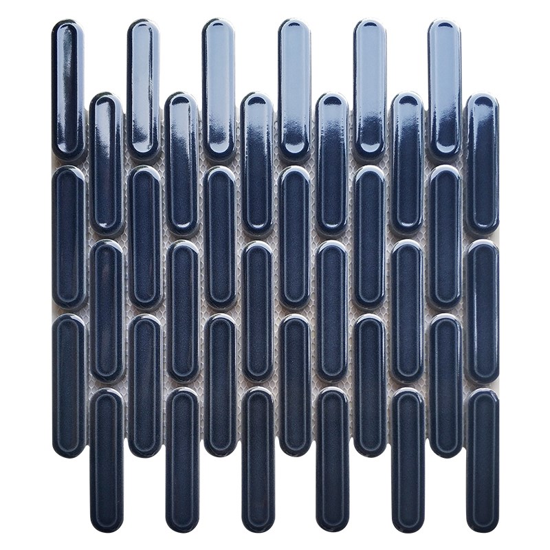 墨绿色窑变陶瓷小长条圆形马赛克瓷砖餐厅咖啡店卫生间背景墙装饰