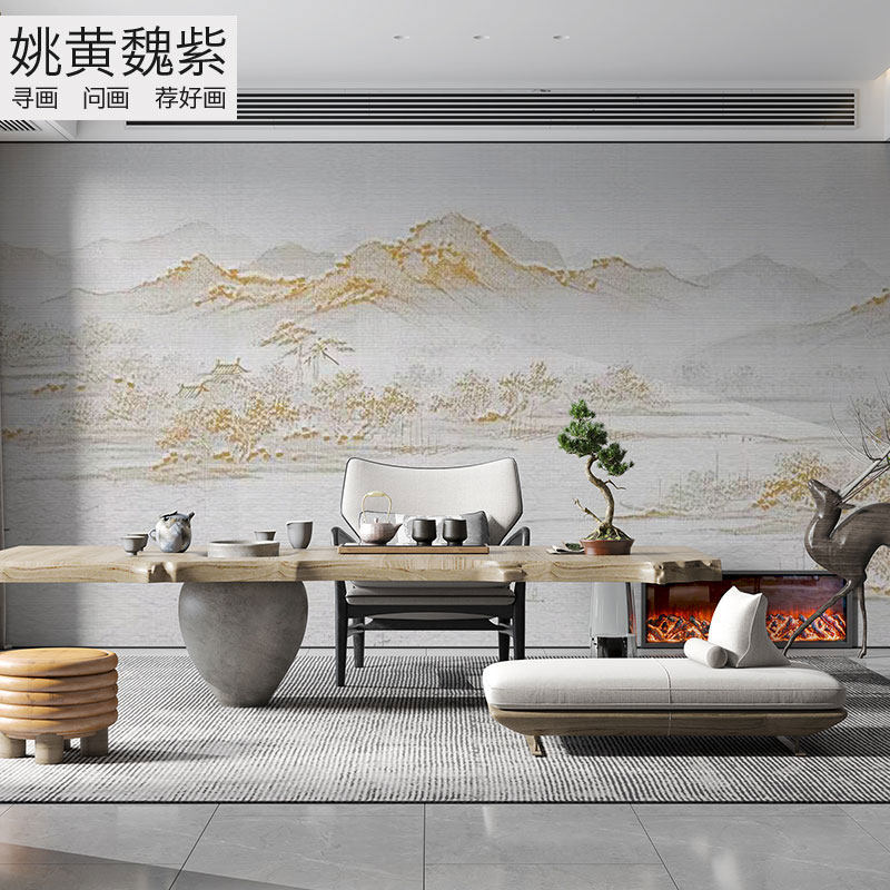 独绣沙发背景壁布宋式写意山水刺绣壁画茶室墙布满绣金山复古艺术