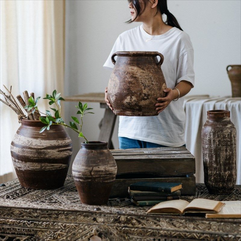 复古粗陶罐子花瓶中古风手工陶土花盆做旧艺术中式侘寂风装饰摆件