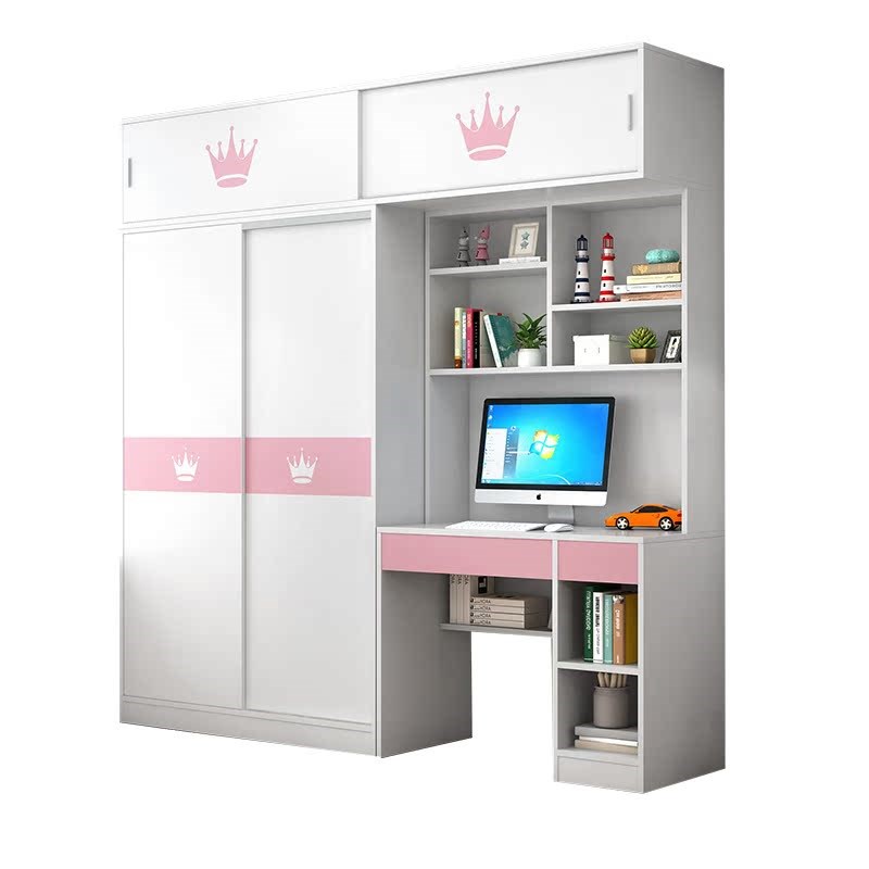 实木衣柜书桌柜一体女孩女童移门多功能小户型家用卧室衣橱子