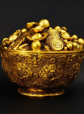 慈风阁黄铜聚宝盆摆件一碗金元宝招财家居办公室财位装饰桌面摆设