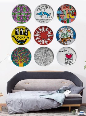 凯斯哈林Keith Haring涂鸦绘画装饰盘酒柜摆件欧美街头文化卡通人