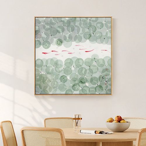 餐厅装饰画清新九鱼图饭厅正方形挂画中式客厅玄关背景墙招财壁画